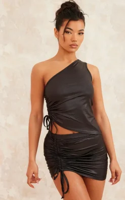 Black Coated Wet Look Ruched Micro Mini Skirt