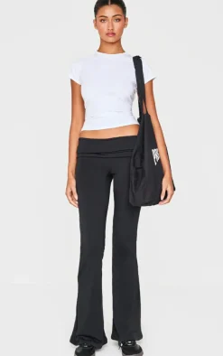 Black Contour Jersey Foldover Waist Ruched Side Flared Pants