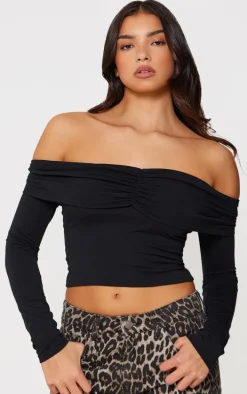 Black Contour Jersey Ruched Foldover Bardot Crop Top