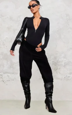 Black Contour Zip Up High Neck Bodysuit