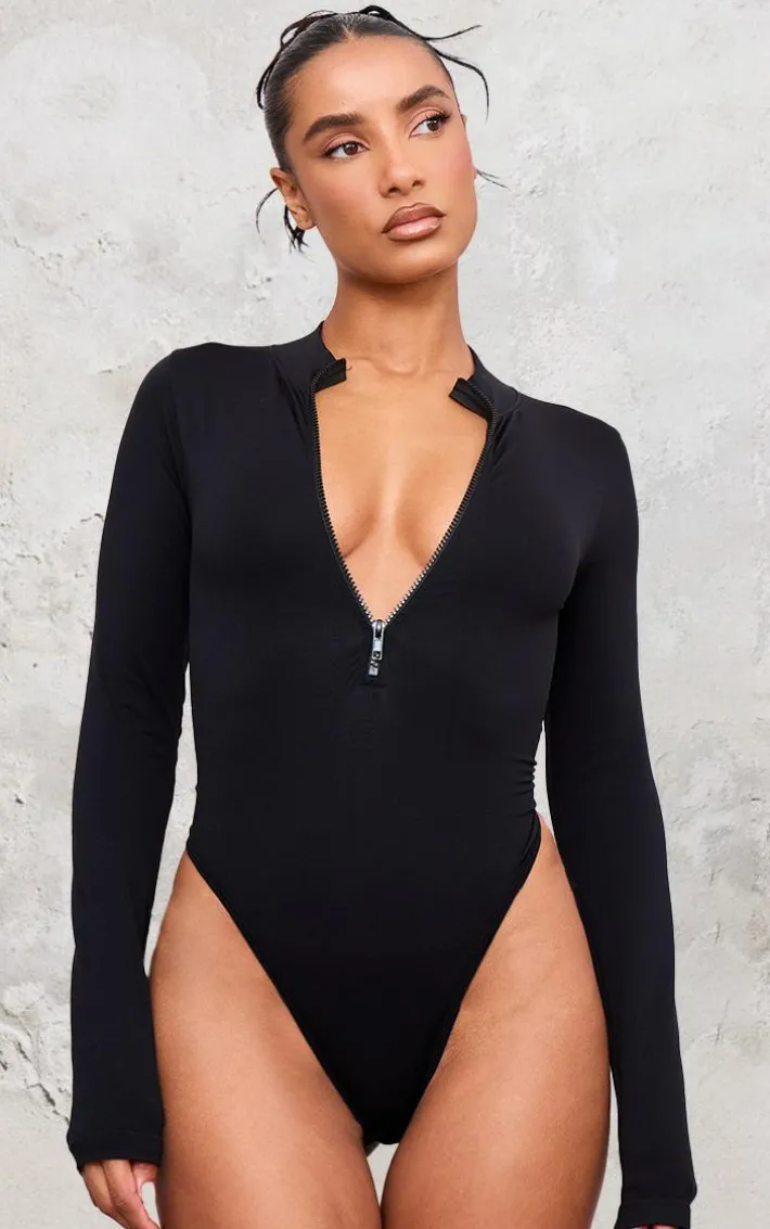 Black Contour Zip Up High Neck Bodysuit