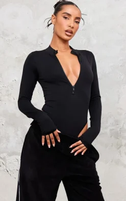 Black Contour Zip Up High Neck Bodysuit