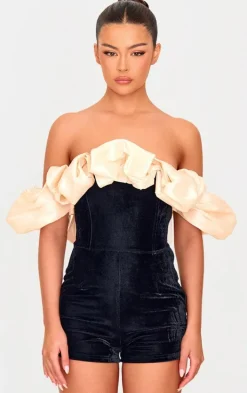 Black Contrast Bardot Puff Sleeve Velvet Romper