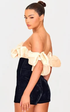 Black Contrast Bardot Puff Sleeve Velvet Romper