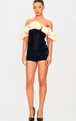 Black Contrast Bardot Puff Sleeve Velvet Romper