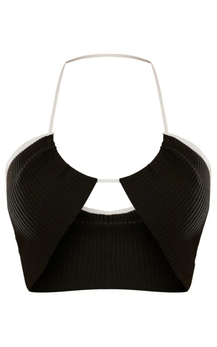 Black Contrast Binding Halter Neck Knit Top