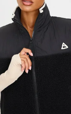 Black Contrast Borg Crop Puffer Vest