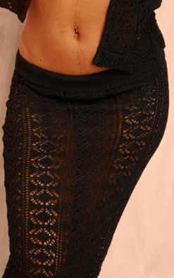Black Contrast Crochet Knit Maxi Skirt
