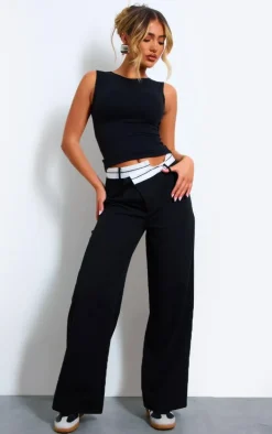 Black Contrast Double Waistband Tailored Straight Leg Pants