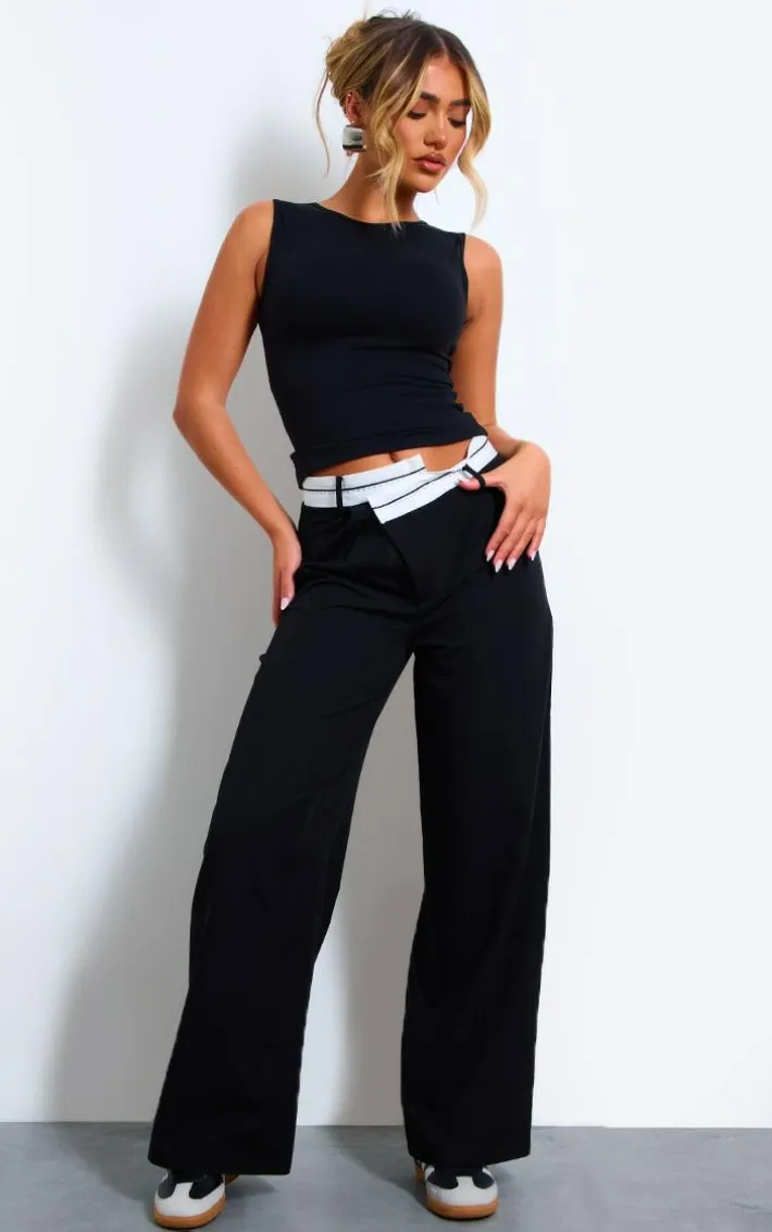 Black Contrast Double Waistband Tailored Straight Leg Pants