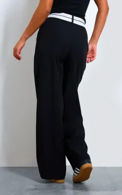 Black Contrast Double Waistband Tailored Straight Leg Pants