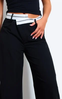 Black Contrast Double Waistband Tailored Straight Leg Pants