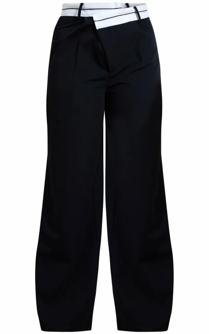 Black Contrast Double Waistband Tailored Straight Leg Pants