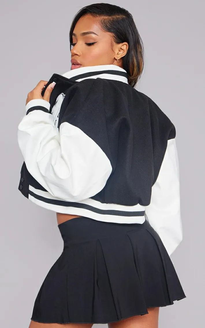 Black Contrast Faux Leather Sleeve Graphic Bomber Jacket