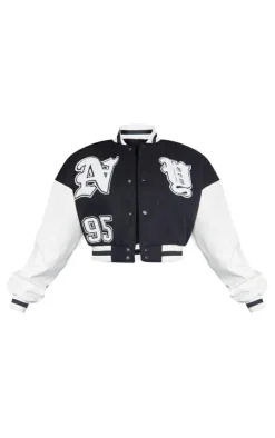 Black Contrast Faux Leather Sleeve Graphic Bomber Jacket