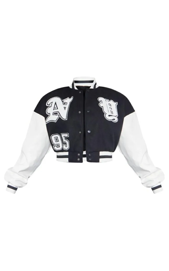 Black Contrast Faux Leather Sleeve Graphic Bomber Jacket