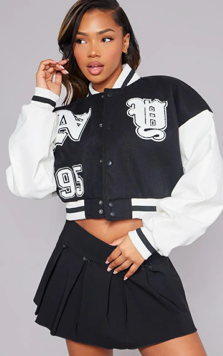 Black Contrast Faux Leather Sleeve Graphic Bomber Jacket
