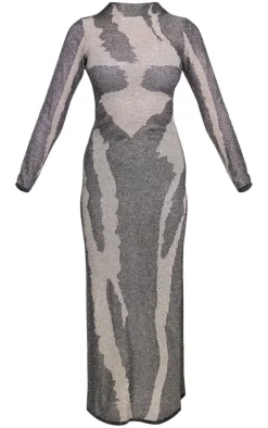 Black Contrast Knit Glitter Split Maxi Dress