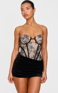 Black Contrast Lace Velvet Wrap Detail Skort Romper