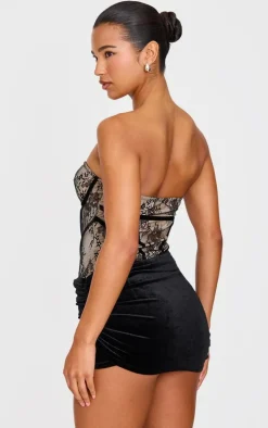 Black Contrast Lace Velvet Wrap Detail Skort Romper