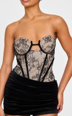 Black Contrast Lace Velvet Wrap Detail Skort Romper