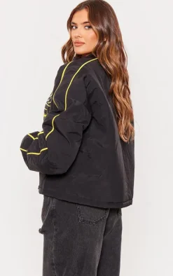 Black Contrast Oversized Graphic Zip Up Racer Bomber
