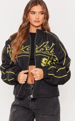 Black Contrast Oversized Graphic Zip Up Racer Bomber