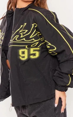 Black Contrast Oversized Graphic Zip Up Racer Bomber