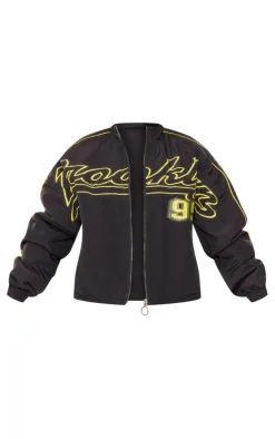 Black Contrast Oversized Graphic Zip Up Racer Bomber