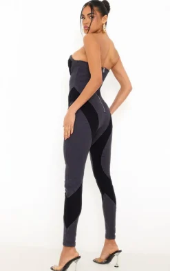 Black Contrast Panel Detail Denim Jumpsuit