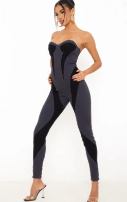 Black Contrast Panel Detail Denim Jumpsuit