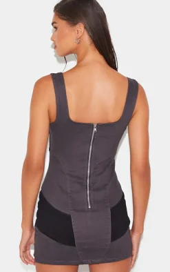 Black Contrast Panel Detail Denim Dress