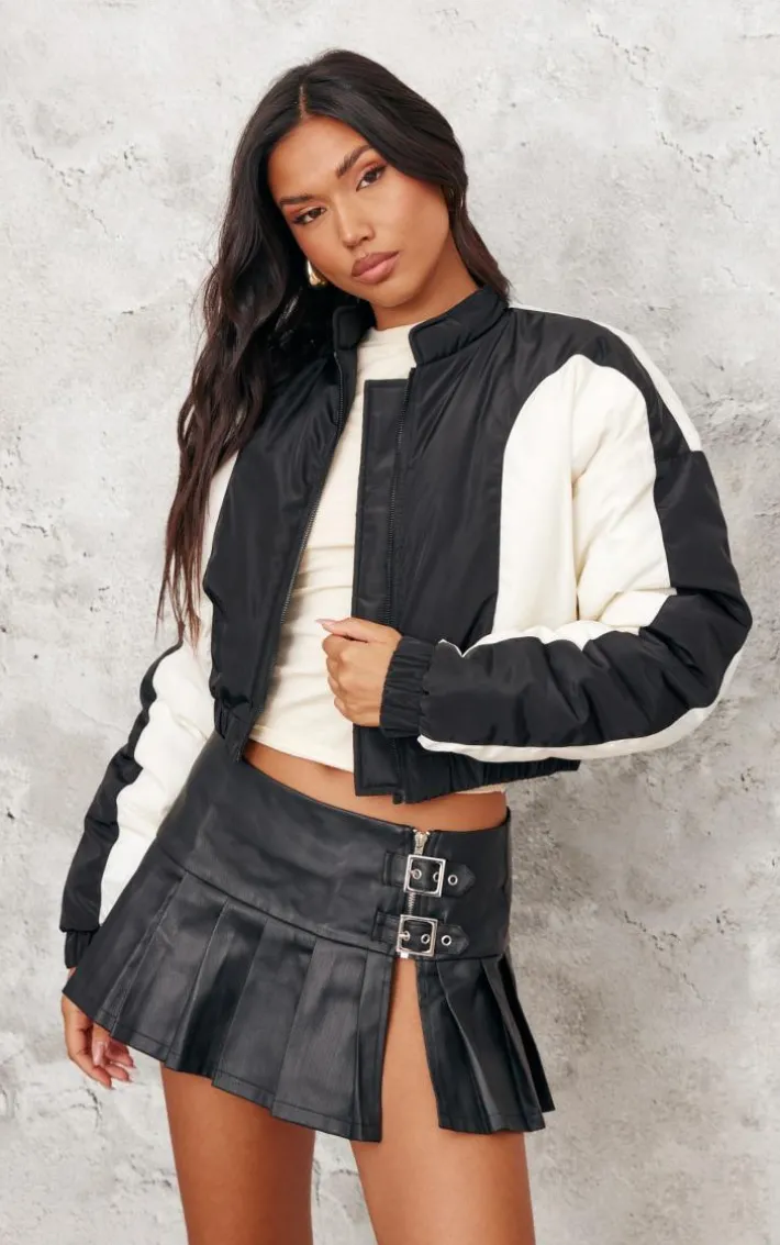 Black Contrast Panel Lightweight Puffer Jacket