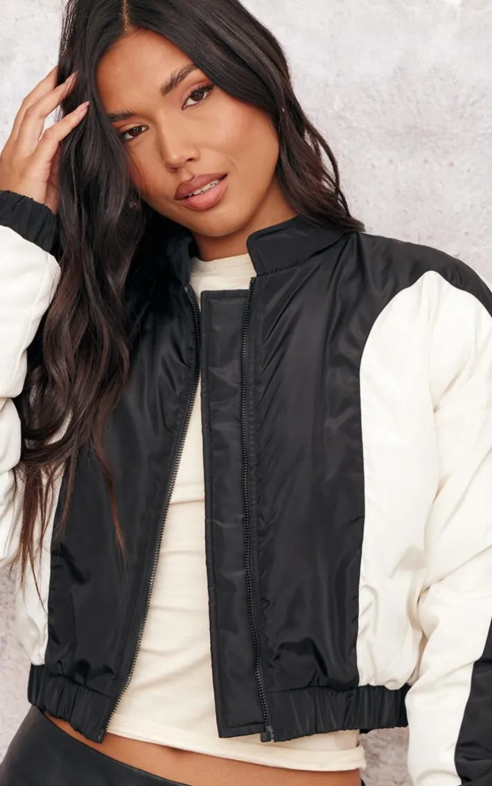 Black Contrast Panel Lightweight Puffer Jacket