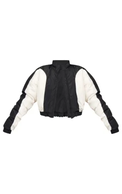Black Contrast Panel Lightweight Puffer Jacket