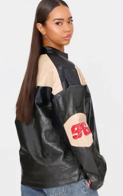 Black Contrast Panel Oversized Faux Leather Motocross Jacket
