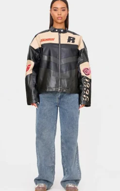Black Contrast Panel Oversized Faux Leather Motocross Jacket