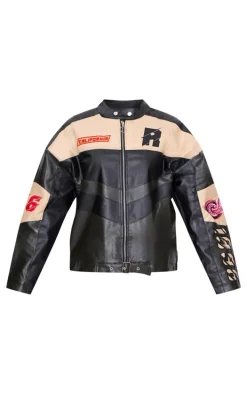 Black Contrast Panel Oversized Faux Leather Motocross Jacket