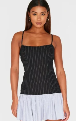 Black Contrast Pinstripe Frill Hem Shift Dress