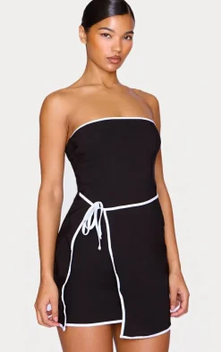 Black Contrast Piping Bandeau Wrap Over Mini Dress