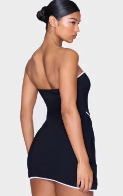 Black Contrast Piping Bandeau Wrap Over Mini Dress