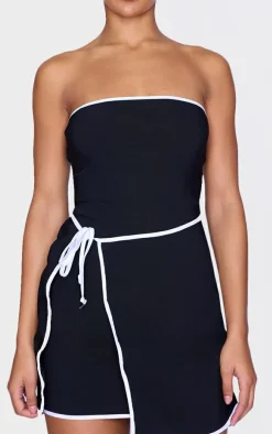Black Contrast Piping Bandeau Wrap Over Mini Dress