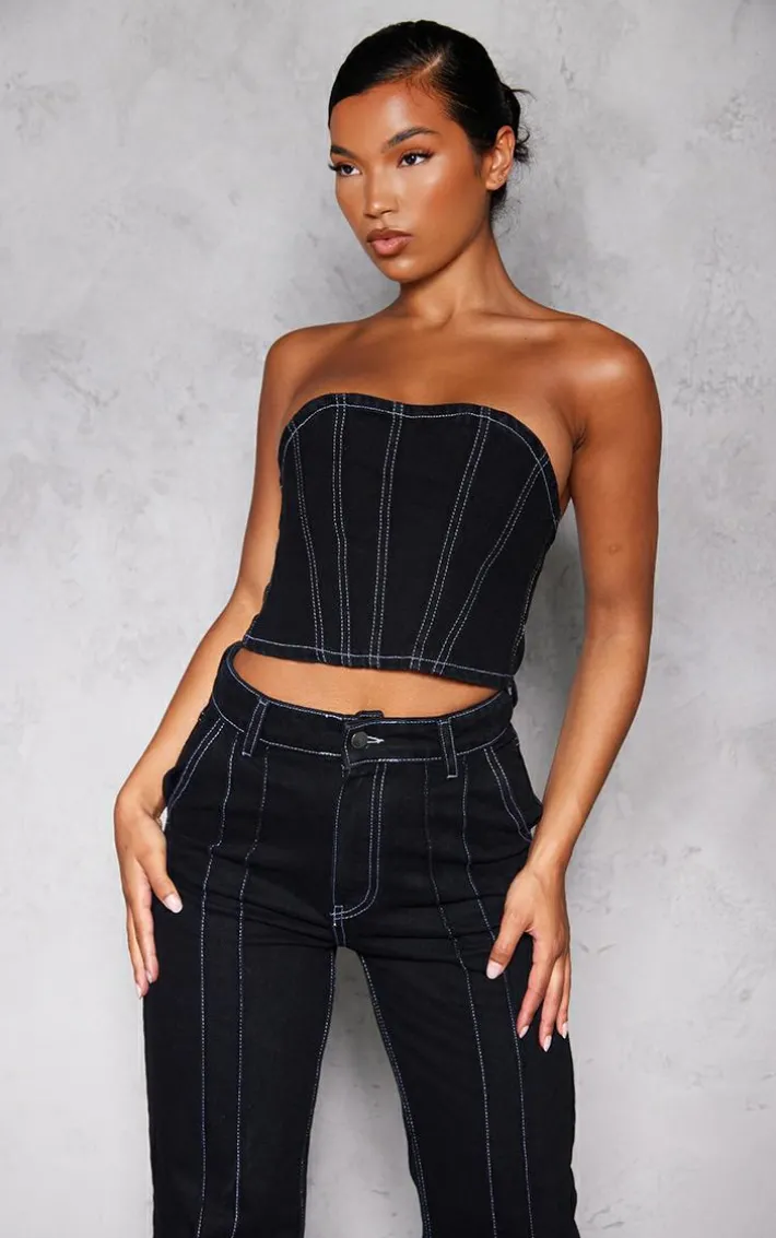 Black Contrast Seam Detail Denim Corset Top