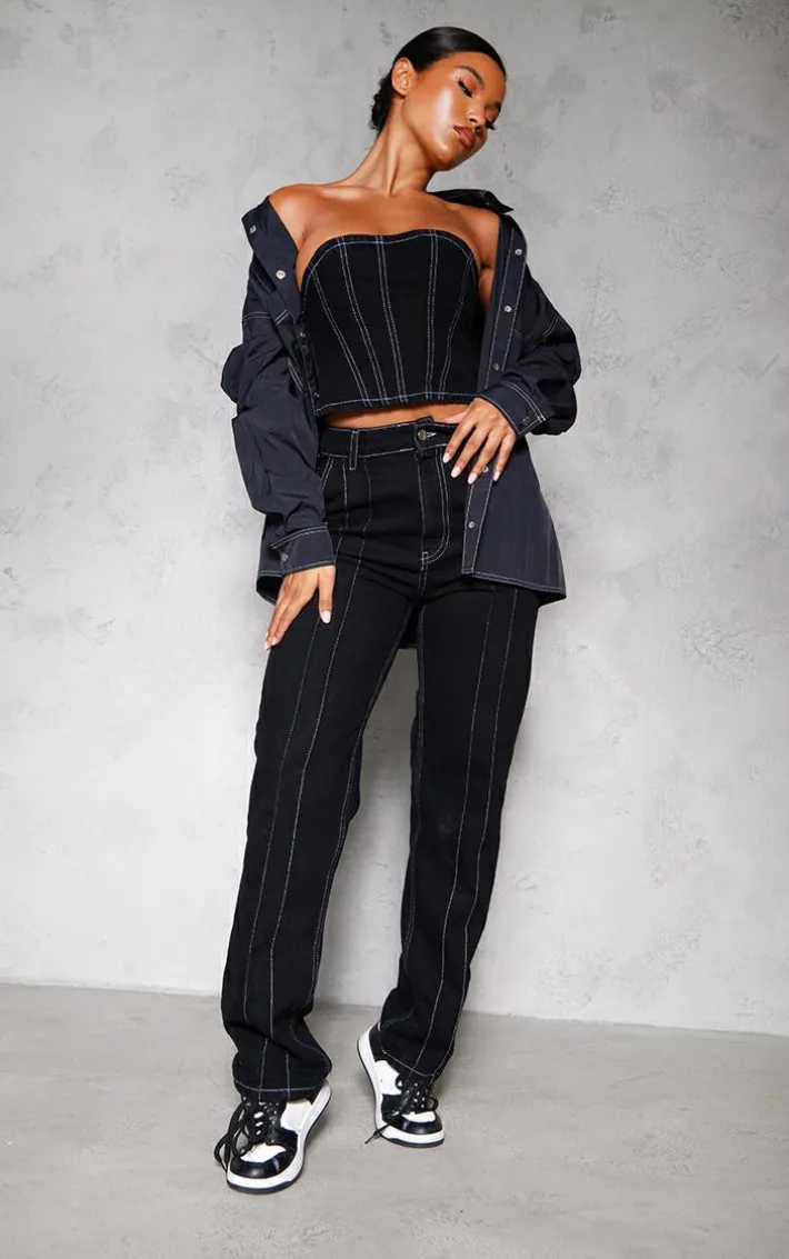 Black Contrast Seam Detail Denim Corset Top