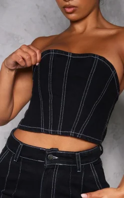 Black Contrast Seam Detail Denim Corset Top