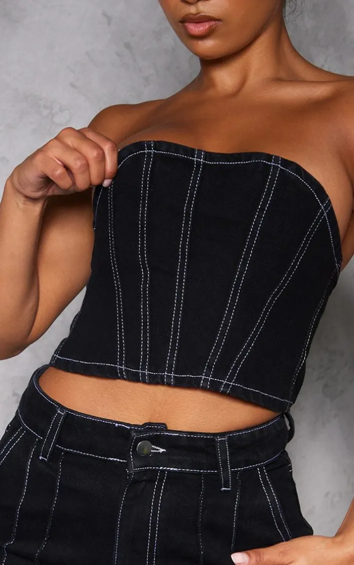 Black Contrast Seam Detail Denim Corset Top