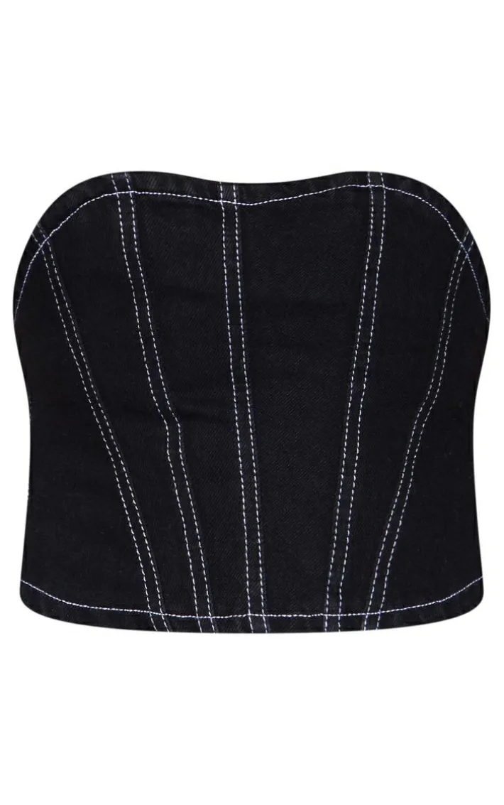 Black Contrast Seam Detail Denim Corset Top