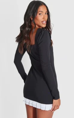 Black Contrast Shirred Detail Long Sleeve Shift Dress