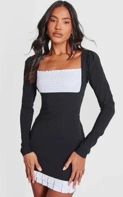 Black Contrast Shirred Detail Long Sleeve Shift Dress