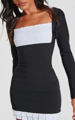 Black Contrast Shirred Detail Long Sleeve Shift Dress